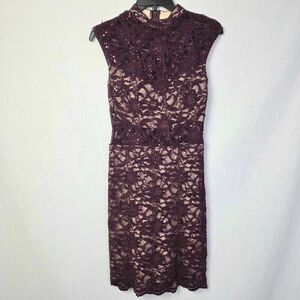 B. Darlin Burgundy Lace Sequin Sheath Dress 3/4